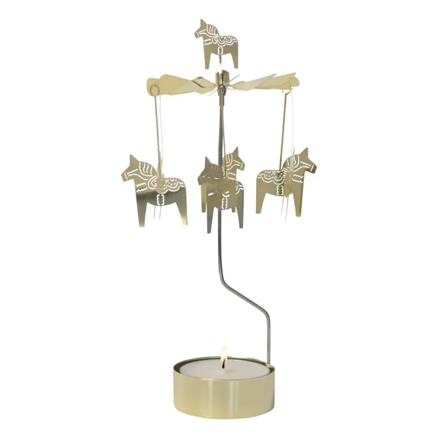 Pluto Design Draaiende waxinelichtjeshouder dalapaard groot 25 cm, Goud< Kerstdecoraties