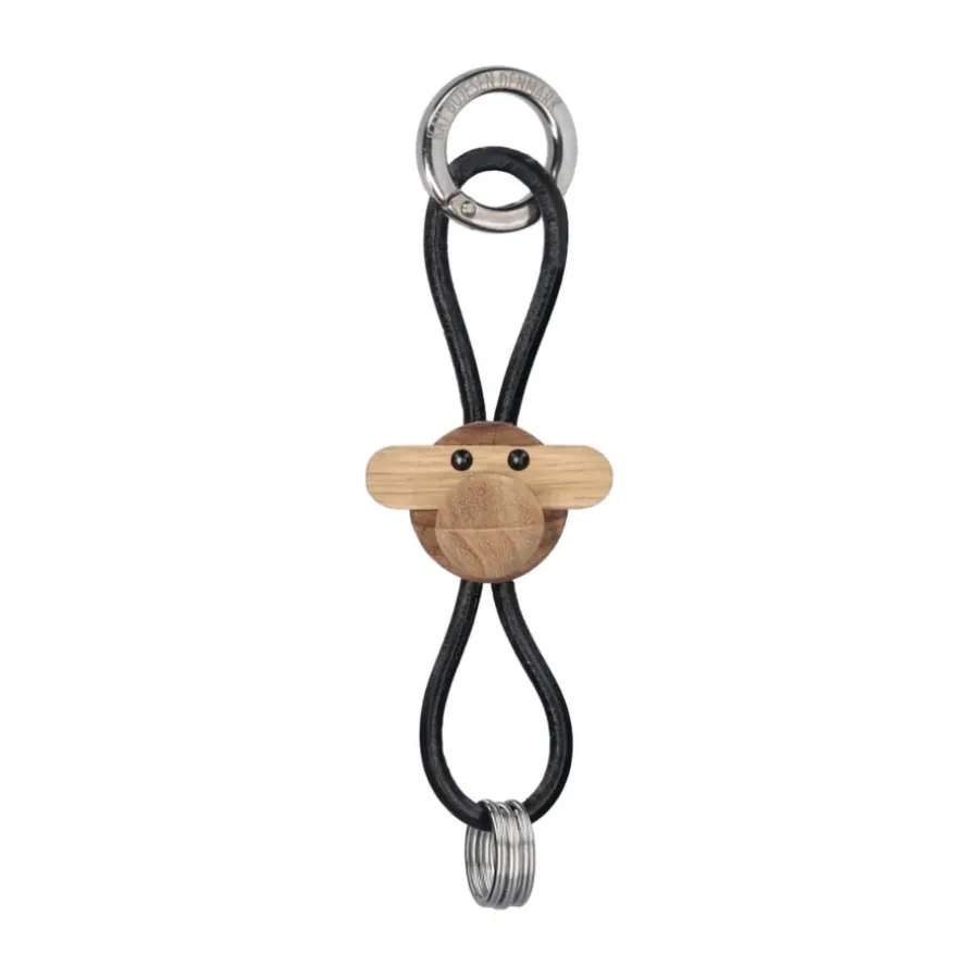 Kay Bojesen Denmark Kaj Bojesen aap sleutelhanger, Teak-limba hout, zwart leer< Houten Beelden
