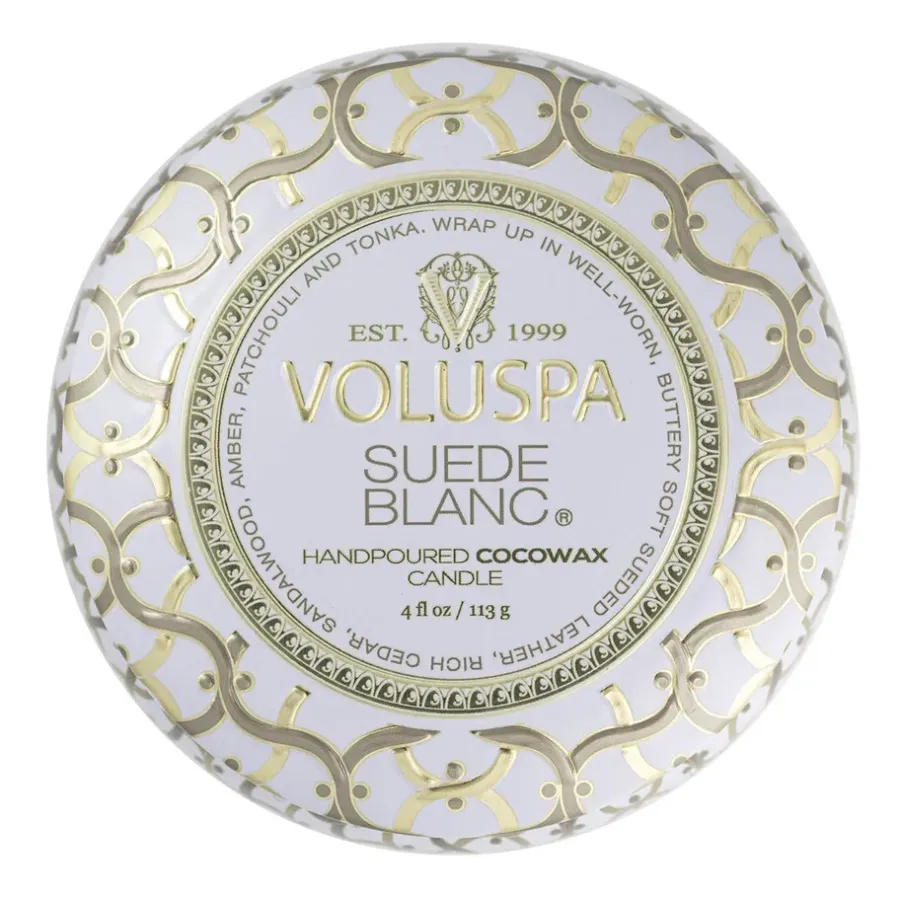 Voluspa Maison Blanc Mini Tin geurkaars 25 uur, Suede Blanc< Geurkaarsen & Aroma Diffusers