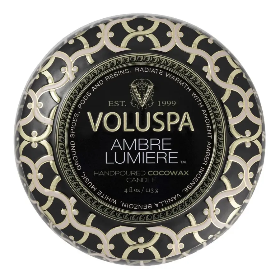 Voluspa Maison Noir Mini Tin geurkaars 25 uur, Ambre Lumiere< Geurkaarsen & Aroma Diffusers