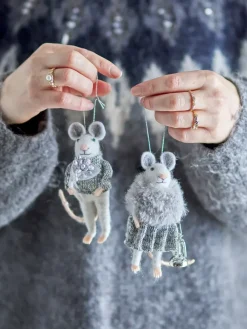 Bloomingville Peo kerstornament muis 2-delig, Wit-grijs< Kerstdecoraties