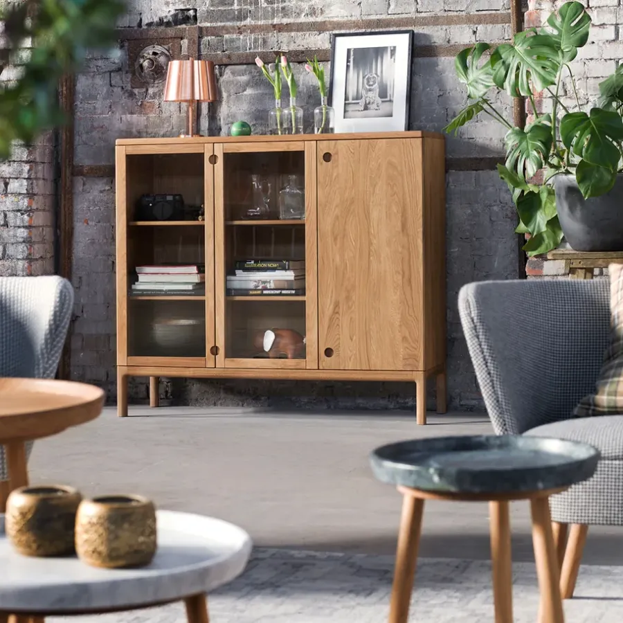 Stolab Prio Hoog dressoir, eikenhout naturel olie, glazen deur< Ladekasten & Dressoirs