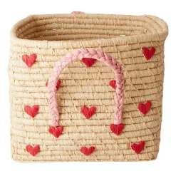 RICE raffiamand met handvat 30x30 cm, Red hearts< Opbergoplossingen Voor De Kinderkamer|Opbergmanden