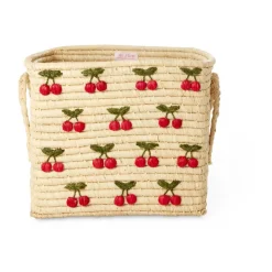 RICE raffiamand met handvat 30x30 cm, Kers< Opbergmanden