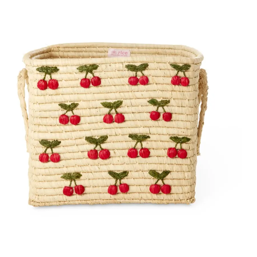 RICE raffiamand met handvat 30x30 cm, Kers< Opbergmanden