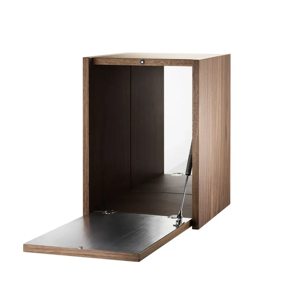 String klein kastelement, walnoot, binnenkant deur roestvrij staal, achterkant in spiegelglas< Kasten & Vitrines