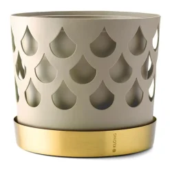 KLONG Trio Drop bloempot beige met schotel van messing, Medium Ø18 cm< Bloempotten